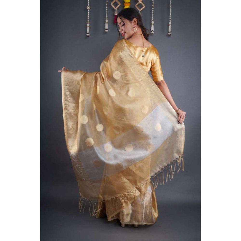 Isadora Life Womens Woven Zari Gold Pre-Draped Saree with Unstitched Blouse