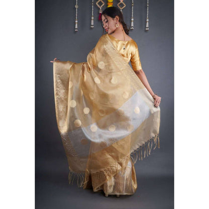 Isadora Life Womens Woven Zari Gold Pre-Draped Saree with Unstitched Blouse