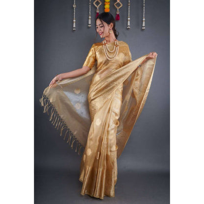 Isadora Life Womens Woven Zari Gold Pre-Draped Saree with Unstitched Blouse