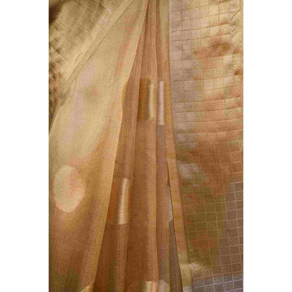 Isadora Life Womens Woven Zari Gold Pre-Draped Saree with Unstitched Blouse