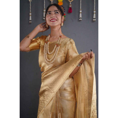 Isadora Life Womens Woven Zari Gold Pre-Draped Saree with Unstitched Blouse