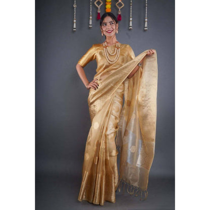 Isadora Life Womens Woven Zari Gold Pre-Draped Saree with Unstitched Blouse