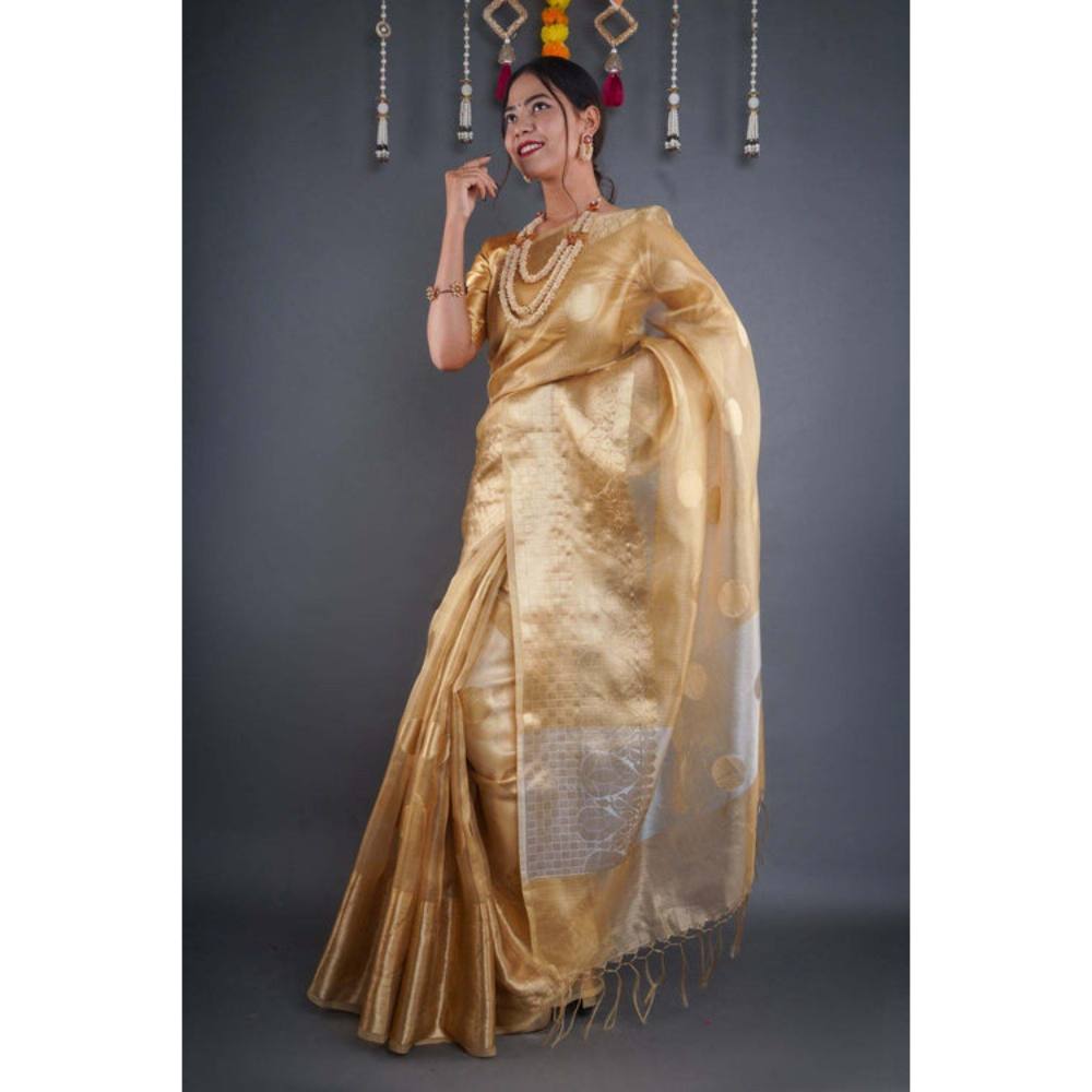 Isadora Life Womens Woven Zari Gold Pre-Draped Saree with Unstitched Blouse