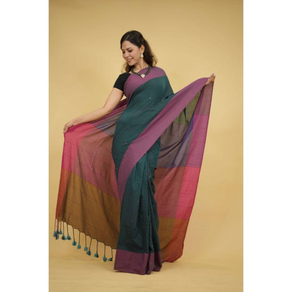 Isadora Life Womens Woven Sequined Multi-Color Pre-Draped Saree with Unstitched Blouse