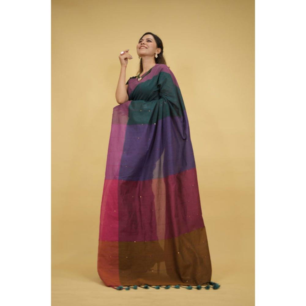Isadora Life Womens Woven Sequined Multi-Color Pre-Draped Saree with Unstitched Blouse