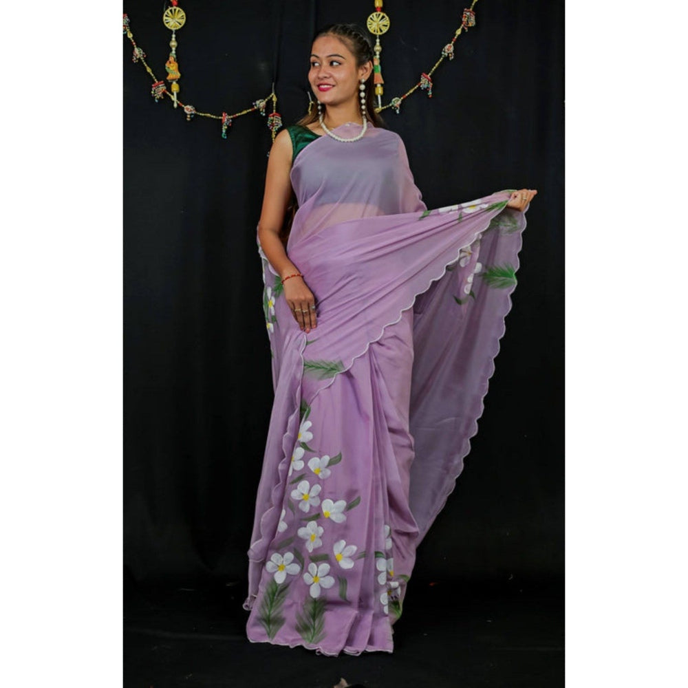 Isadora Life Womens Floral Printed Lavender Pre-Draped Saree with Unstitched Blouse