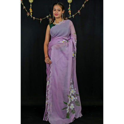 Isadora Life Womens Floral Printed Lavender Pre-Draped Saree with Unstitched Blouse