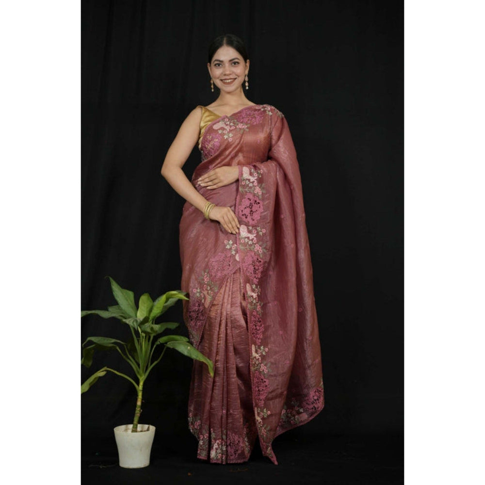 Isadora Life Womens Floral Embroidered Brown Pre-Draped Saree with Unstitched Blouse