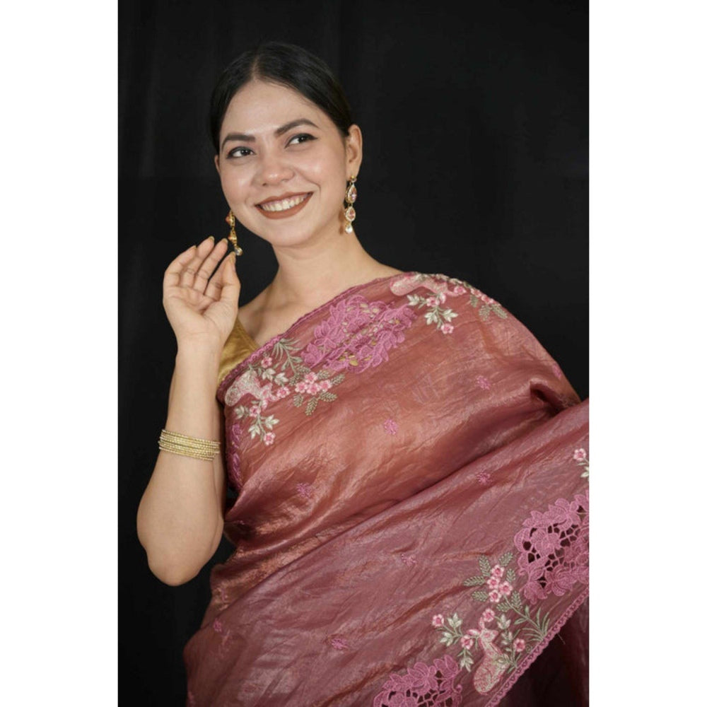 Isadora Life Womens Floral Embroidered Brown Pre-Draped Saree with Unstitched Blouse