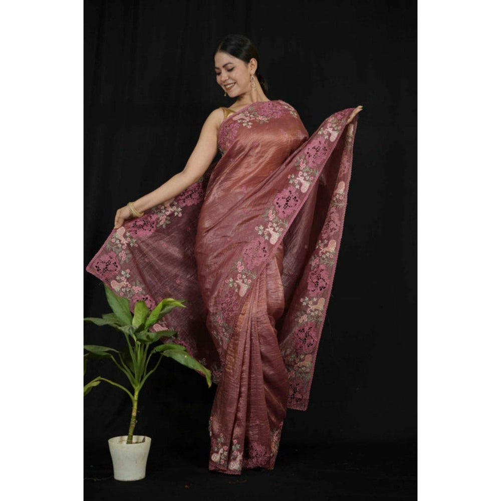 Isadora Life Womens Floral Embroidered Brown Pre-Draped Saree with Unstitched Blouse
