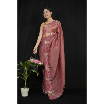 Isadora Life Womens Floral Embroidered Brown Pre-Draped Saree with Unstitched Blouse