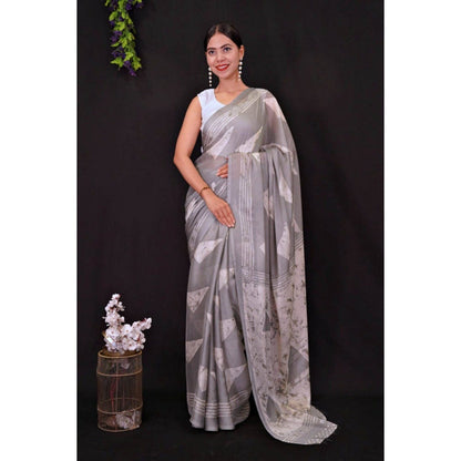 Isadora Life Womens Printed Grey Pre-Draped Saree with Unstitched Blouse