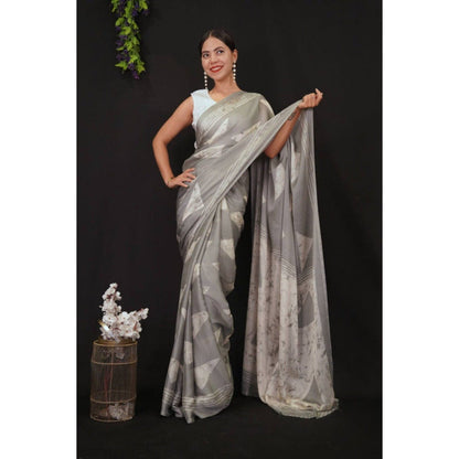 Isadora Life Womens Printed Grey Pre-Draped Saree with Unstitched Blouse