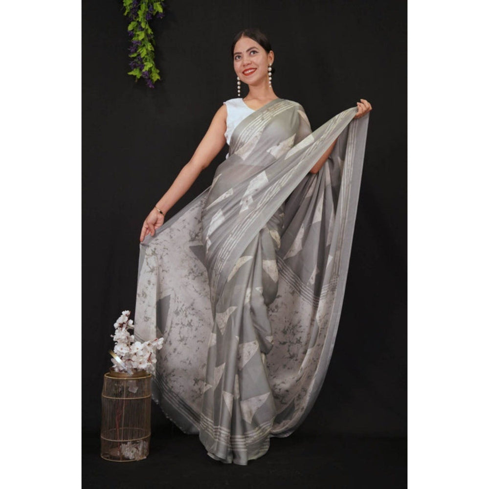 Isadora Life Womens Printed Grey Pre-Draped Saree with Unstitched Blouse