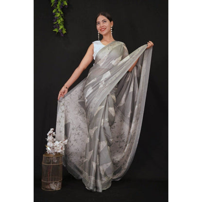 Isadora Life Womens Printed Grey Pre-Draped Saree with Unstitched Blouse