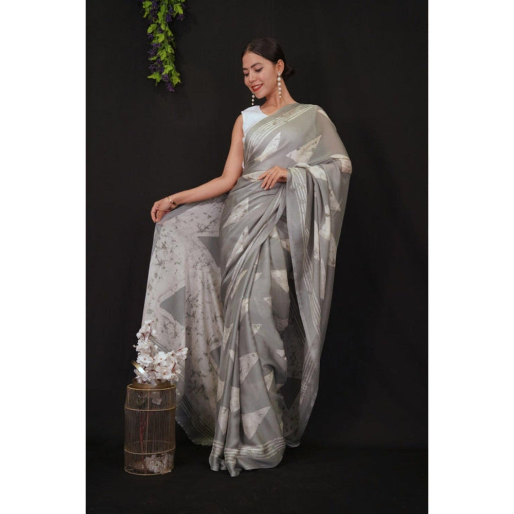 Isadora Life Womens Printed Grey Pre-Draped Saree with Unstitched Blouse