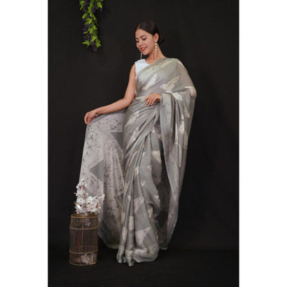 Isadora Life Womens Printed Grey Pre-Draped Saree with Unstitched Blouse