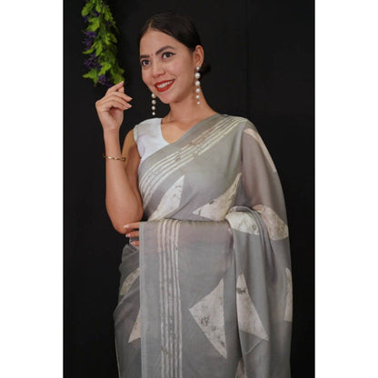 Isadora Life Womens Printed Grey Pre-Draped Saree with Unstitched Blouse