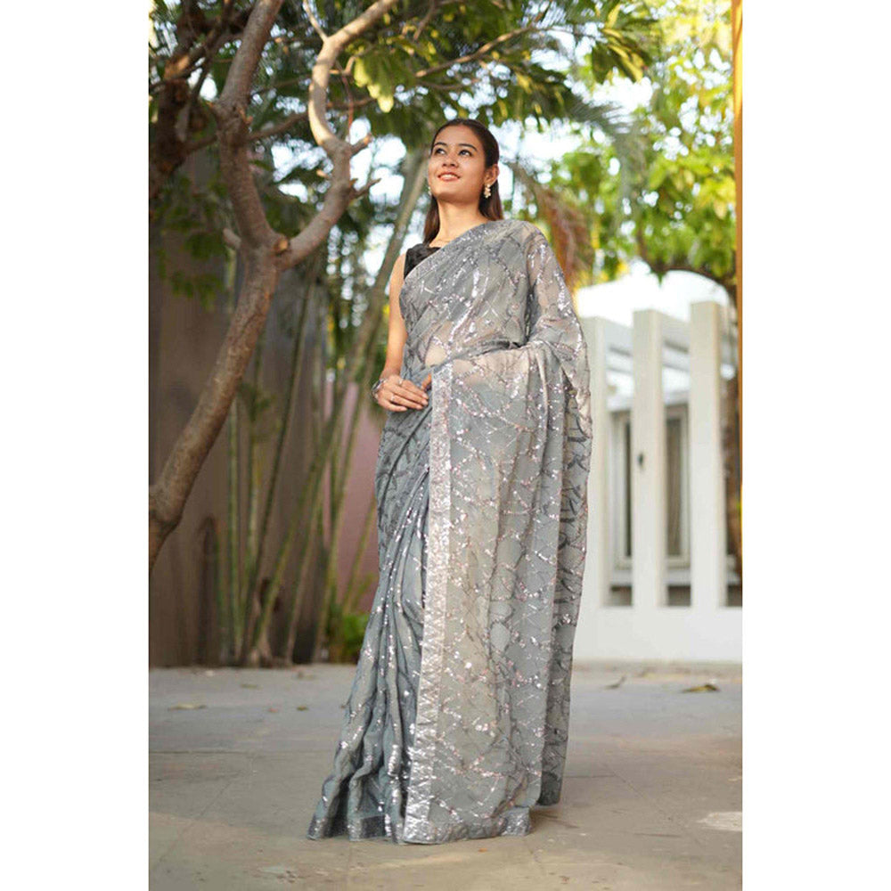 Isadora Life Womens Sequined Embroidered Grey Pre-Draped Saree with Unstitched Blouse
