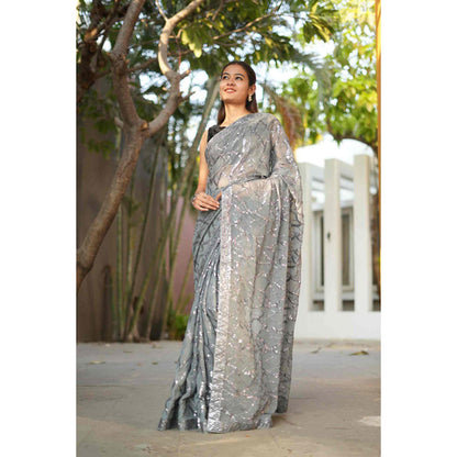 Isadora Life Womens Sequined Embroidered Grey Pre-Draped Saree with Unstitched Blouse