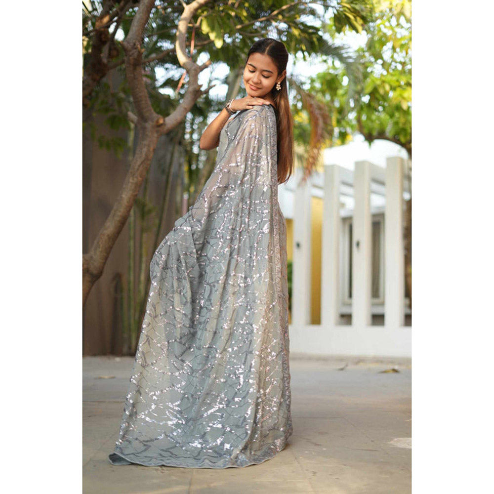 Isadora Life Womens Sequined Embroidered Grey Pre-Draped Saree with Unstitched Blouse