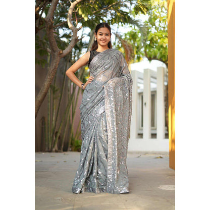 Isadora Life Womens Sequined Embroidered Grey Pre-Draped Saree with Unstitched Blouse