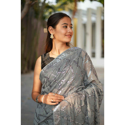 Isadora Life Womens Sequined Embroidered Grey Pre-Draped Saree with Unstitched Blouse