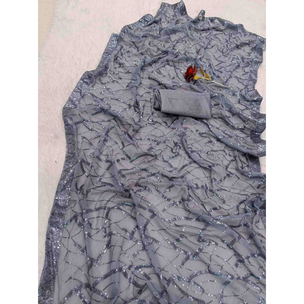 Isadora Life Womens Sequined Embroidered Grey Pre-Draped Saree with Unstitched Blouse