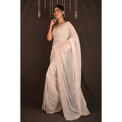 Isadora Life Womens Sequined Embroidered Beige Pre-Draped Saree with Unstitched Blouse