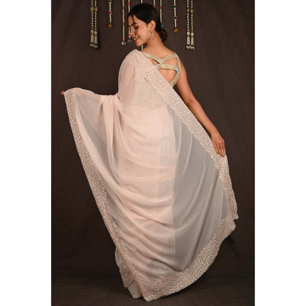 Isadora Life Womens Sequined Embroidered Beige Pre-Draped Saree with Unstitched Blouse