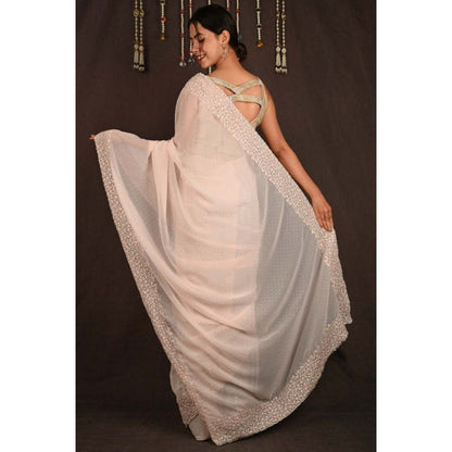 Isadora Life Womens Sequined Embroidered Beige Pre-Draped Saree with Unstitched Blouse