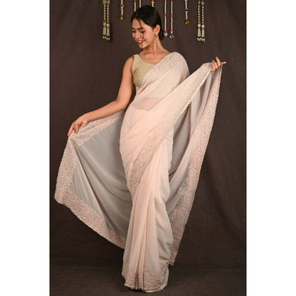 Isadora Life Womens Sequined Embroidered Beige Pre-Draped Saree with Unstitched Blouse