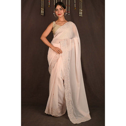 Isadora Life Womens Sequined Embroidered Beige Pre-Draped Saree with Unstitched Blouse