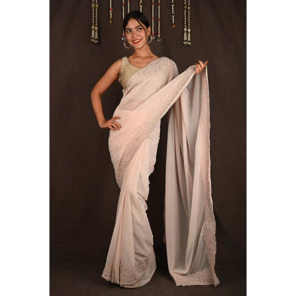 Isadora Life Womens Sequined Embroidered Beige Pre-Draped Saree with Unstitched Blouse
