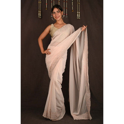 Isadora Life Womens Sequined Embroidered Beige Pre-Draped Saree with Unstitched Blouse