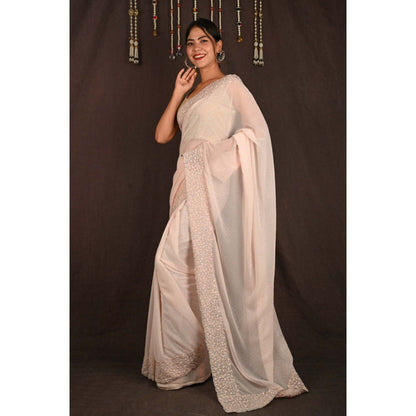 Isadora Life Womens Sequined Embroidered Beige Pre-Draped Saree with Unstitched Blouse
