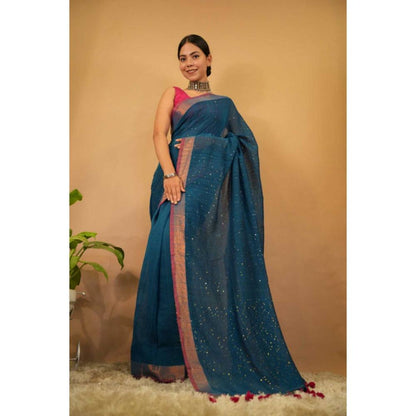 Isadora Life Womens Tassels Sequined Blue Pre-Draped Saree with Unstitched Blouse