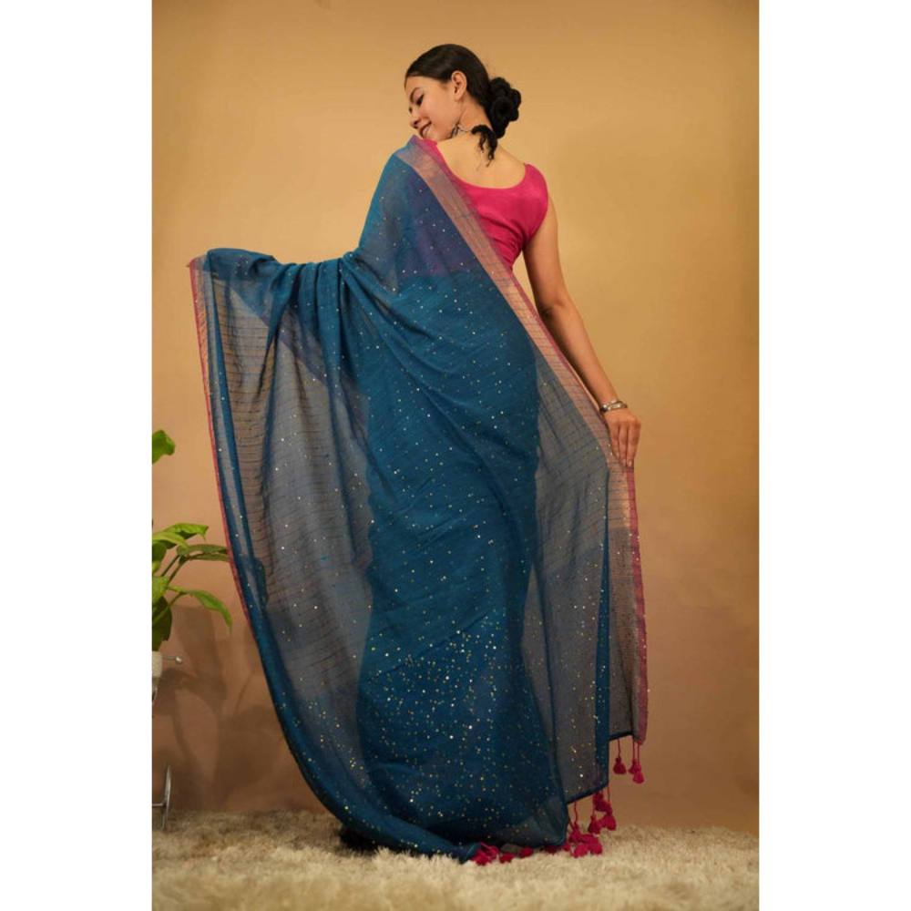 Isadora Life Womens Tassels Sequined Blue Pre-Draped Saree with Unstitched Blouse