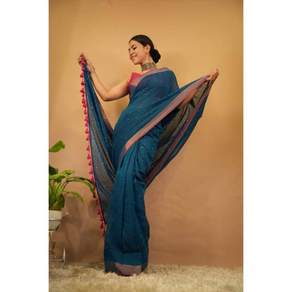 Isadora Life Womens Tassels Sequined Blue Pre-Draped Saree with Unstitched Blouse