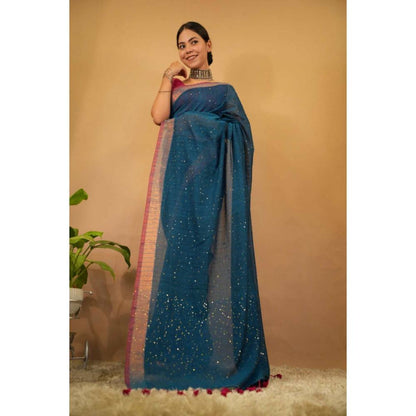 Isadora Life Womens Tassels Sequined Blue Pre-Draped Saree with Unstitched Blouse