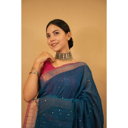Isadora Life Womens Tassels Sequined Blue Pre-Draped Saree with Unstitched Blouse