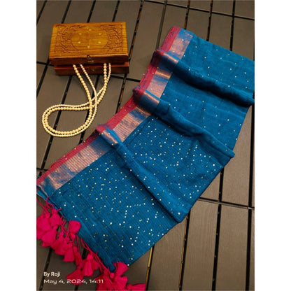 Isadora Life Womens Tassels Sequined Blue Pre-Draped Saree with Unstitched Blouse
