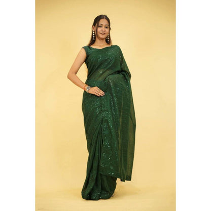 Isadora Life Womens Sequined Green Pre-Draped Saree with Unstitched Blouse