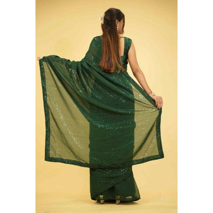 Isadora Life Womens Sequined Green Pre-Draped Saree with Unstitched Blouse