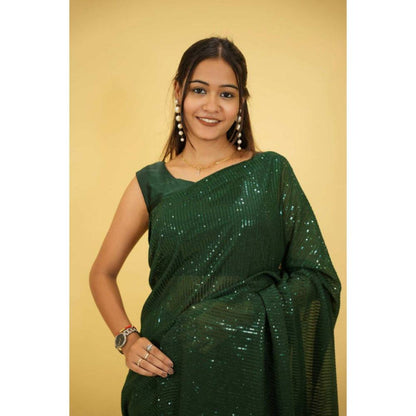 Isadora Life Womens Sequined Green Pre-Draped Saree with Unstitched Blouse