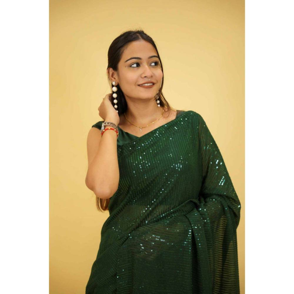 Isadora Life Womens Sequined Green Pre-Draped Saree with Unstitched Blouse