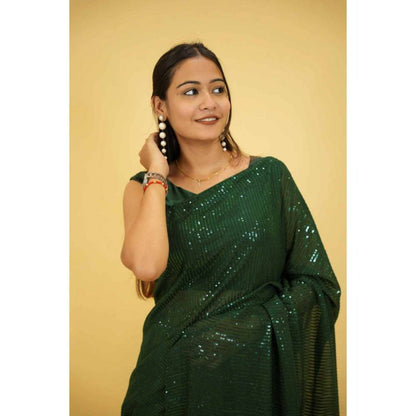 Isadora Life Womens Sequined Green Pre-Draped Saree with Unstitched Blouse