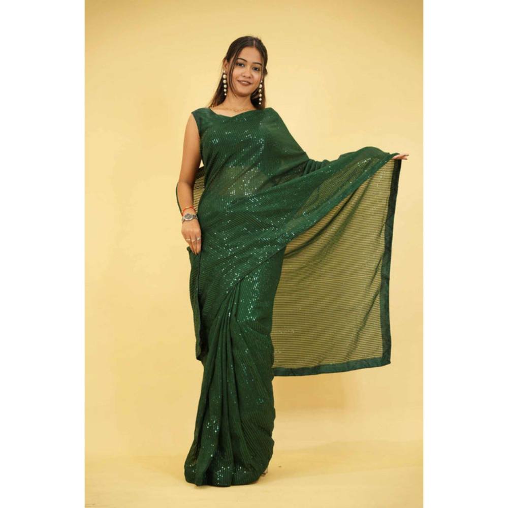 Isadora Life Womens Sequined Green Pre-Draped Saree with Unstitched Blouse