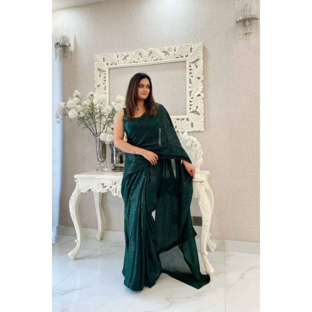Isadora Life Womens Sequined Green Pre-Draped Saree with Unstitched Blouse