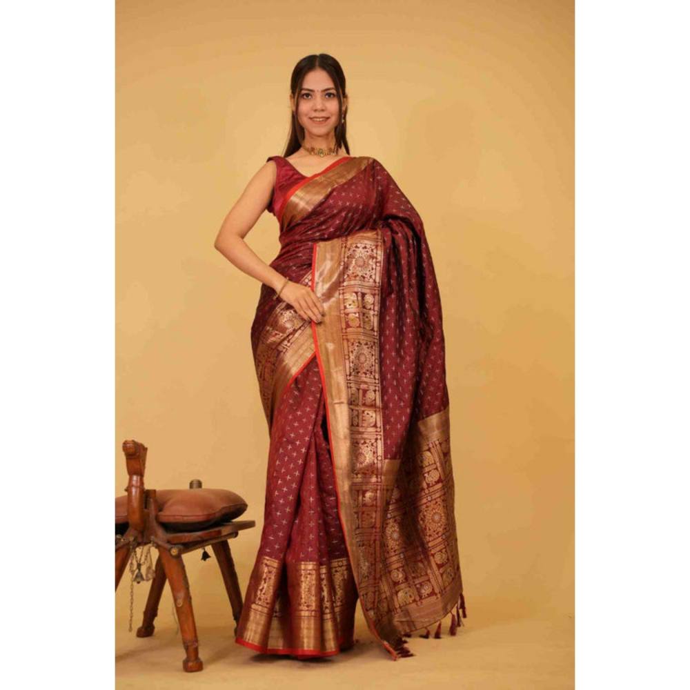 Isadora Life Womens Woven Zari Red Pre-Draped Saree with Unstitched Blouse